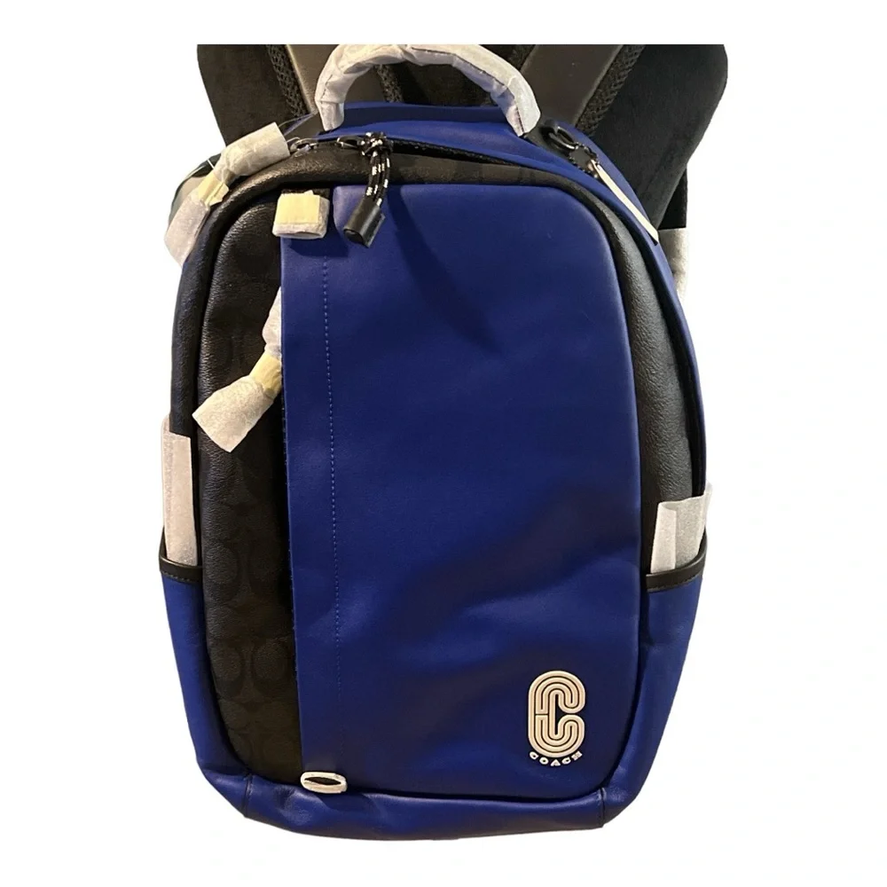 COACH EDGE UNISEX BACKPACK IN COLORBLOCK BLUE AND BLACK CANVAS AND LEATHER NWT - Picture 5 of 6